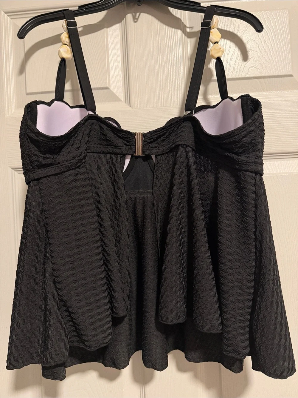 Black Textured Bandeau Tankini with Decorative Strap Accents